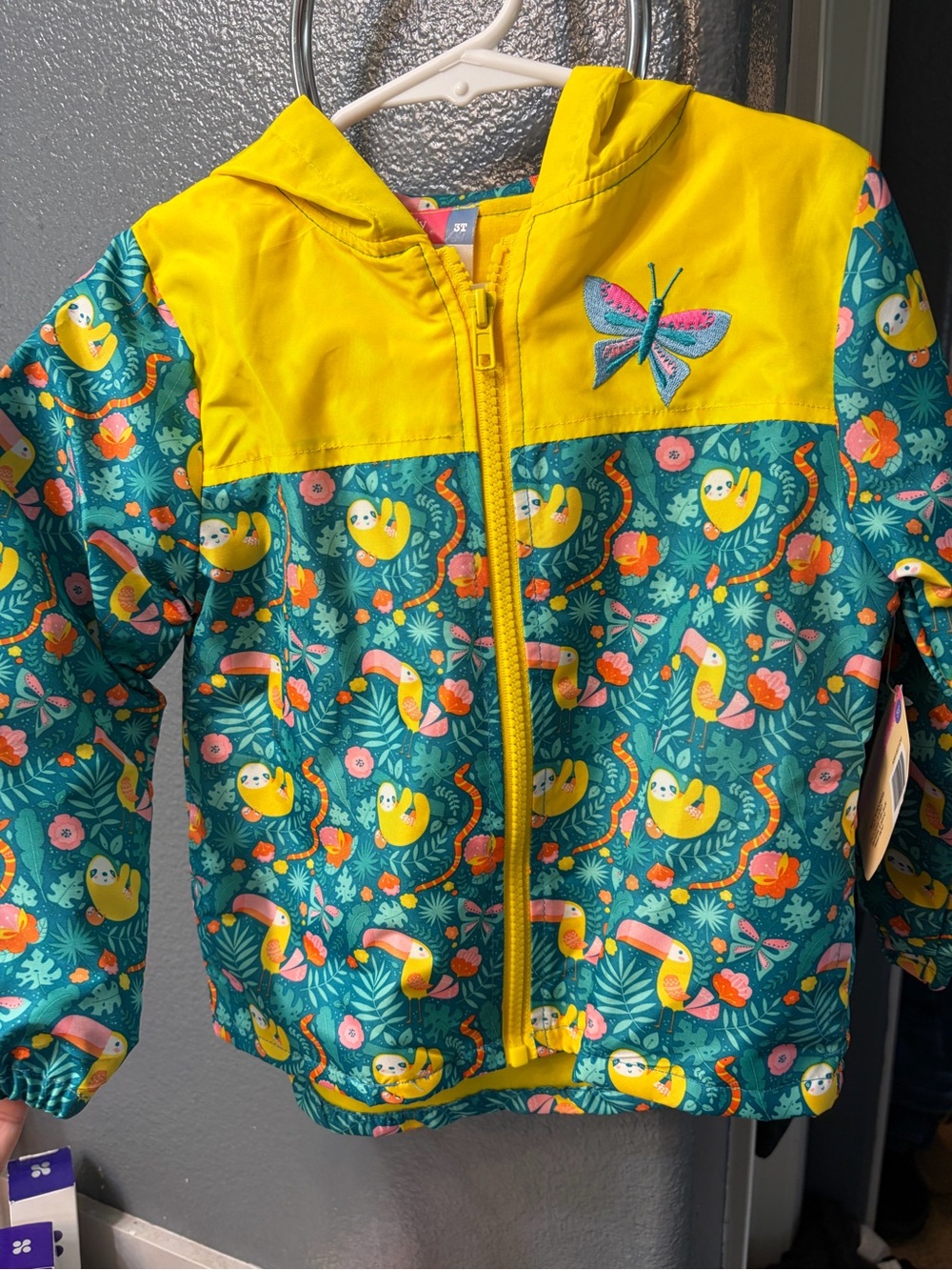 Kids Teal and Yellow Hooded Rain Jacket with Butterfly Detail